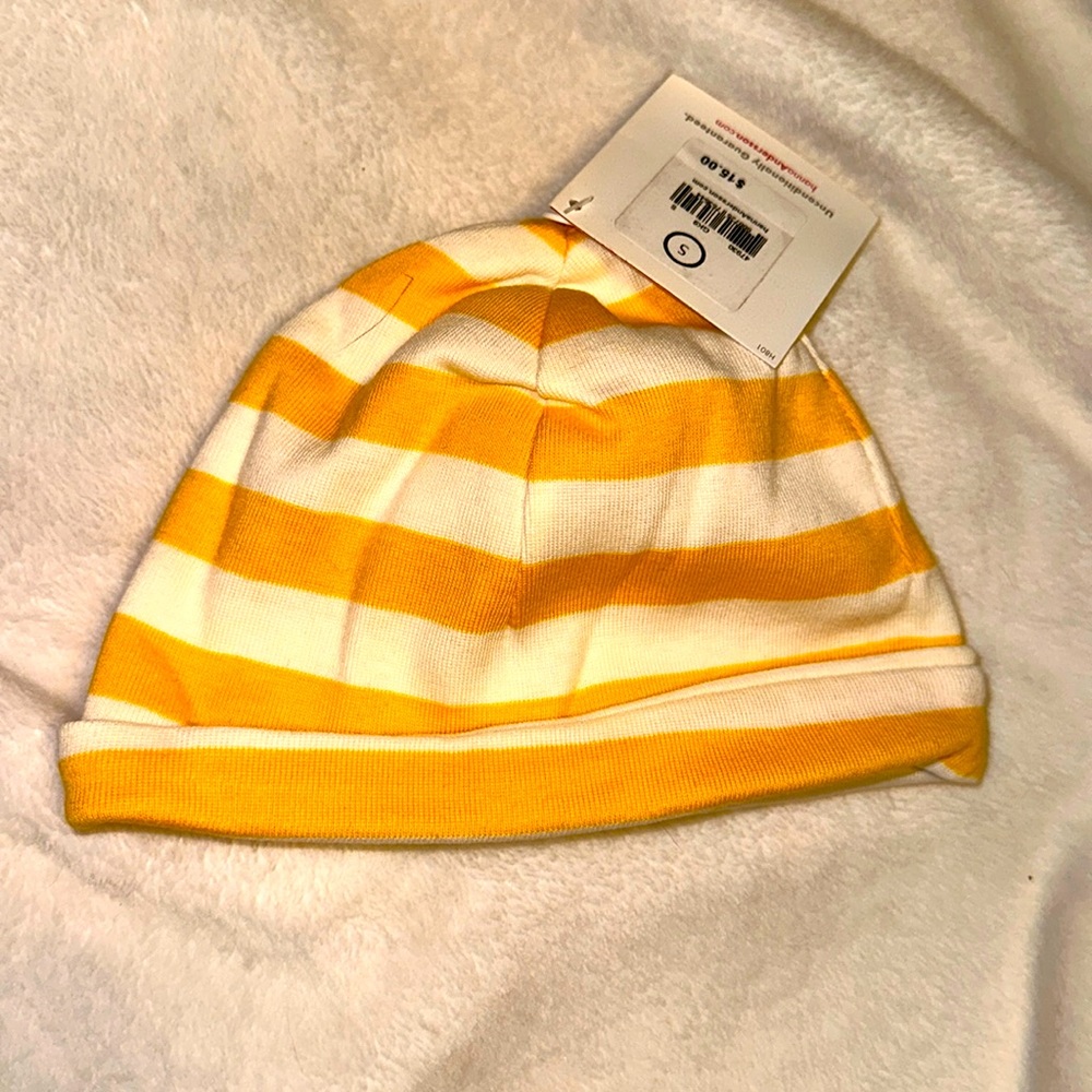 NWT HANNA ANDERSSON KNIT STRIPED ORGANIC COTTON YELLOW & WHITE HAT CAP SMALL 1-3